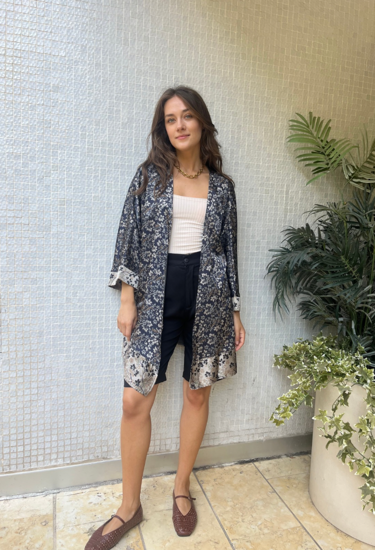 Tom dark blue and stone floral ,kimono