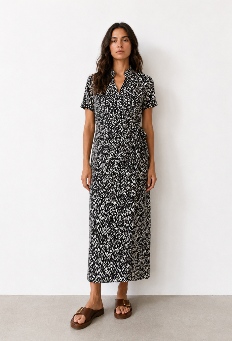 Rose black with white print wrap dress