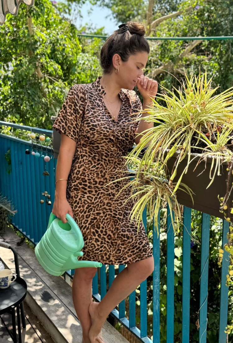 Noor brown and black leopard print wrap dress