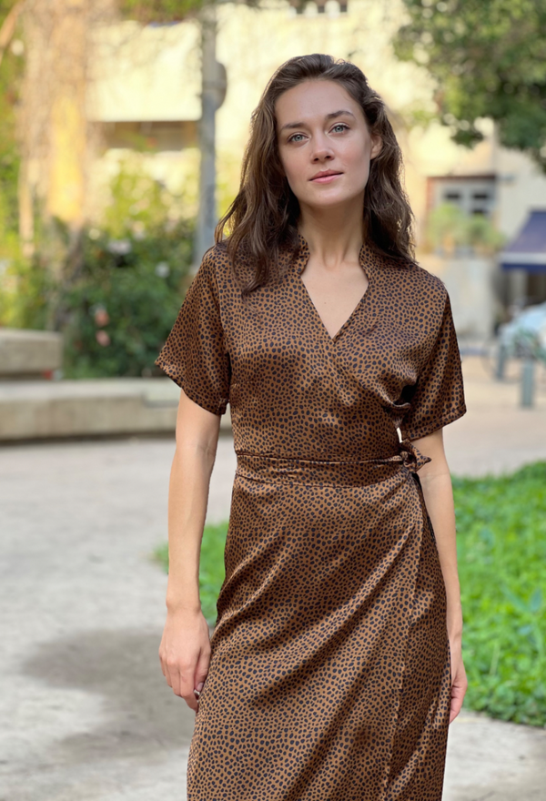 Rose dark brown and blue leopard print wrap dress