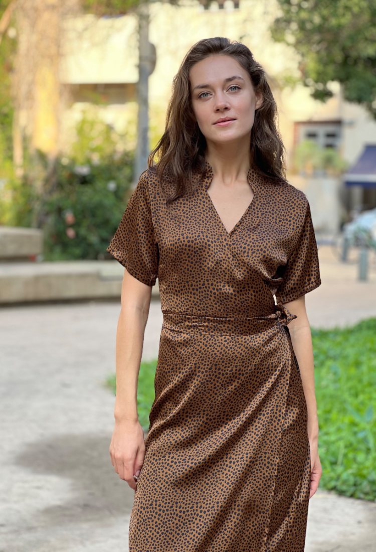 Rose dark brown and blue leopard print wrap dress