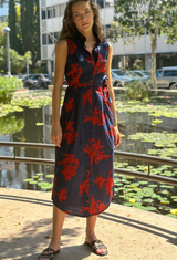 Mia dark blue with red flowers  print dress