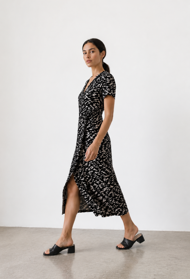 Rose black with off white print wrap dress-pre order arrive at 15/6