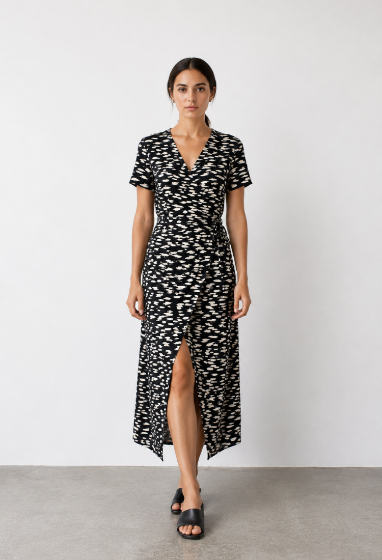 Rose black with off white print wrap dress-pre order arrive at 15/6