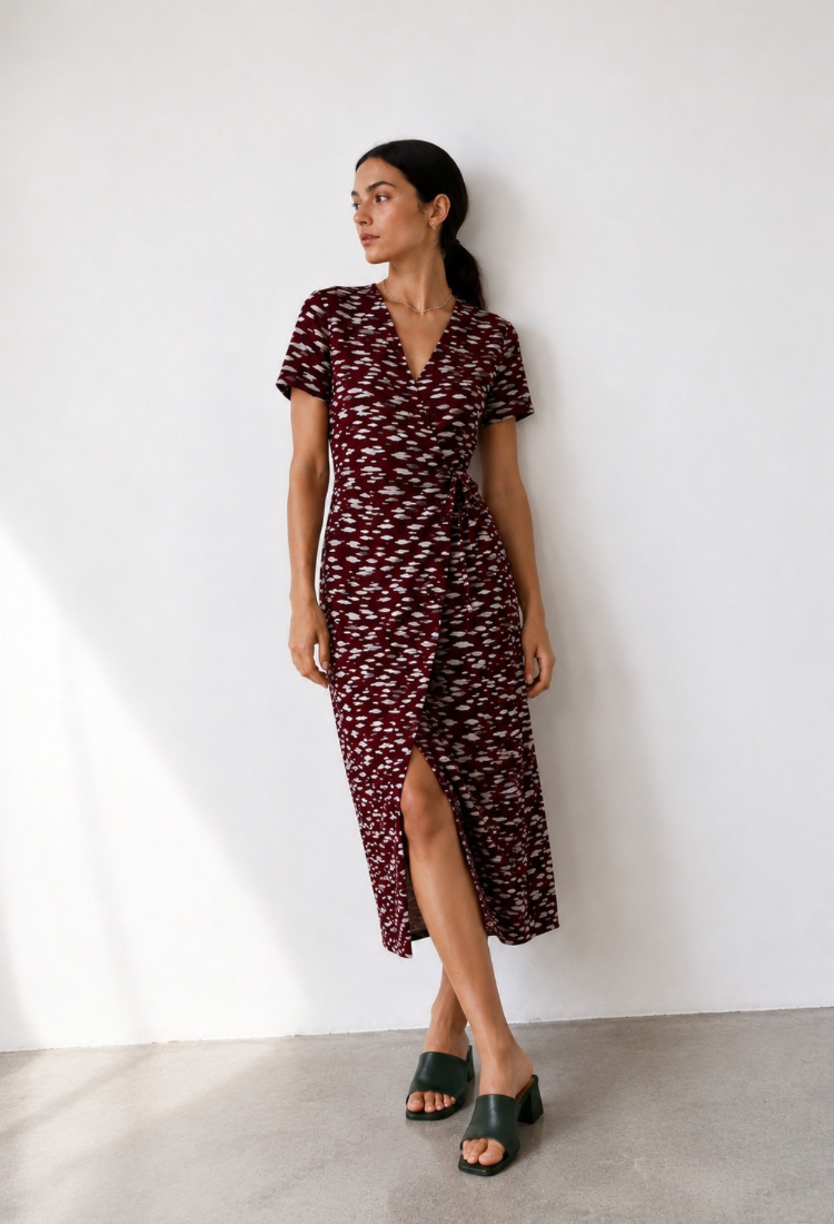 Rose Bordeaux off white print wrap dress-pre order arrive at 15/6