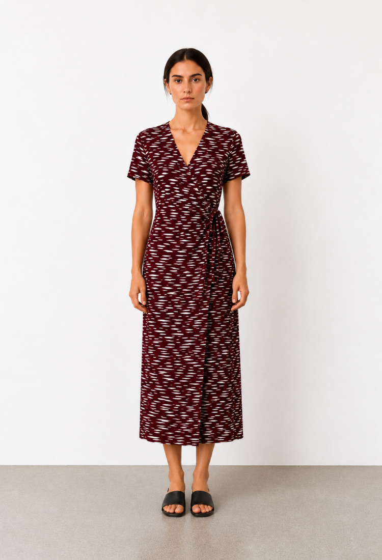 Rose Bordeaux off white print wrap dress-pre order arrive at 15/6