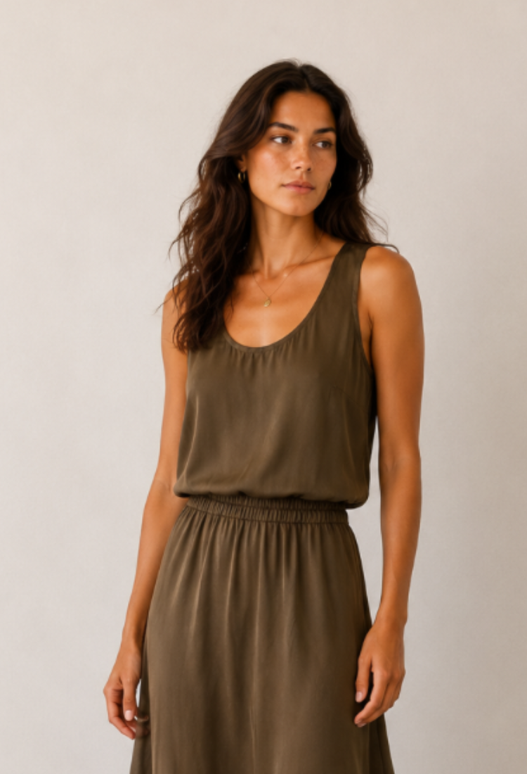 Lily smoky olive brown slevless shirt pre order 20/6
