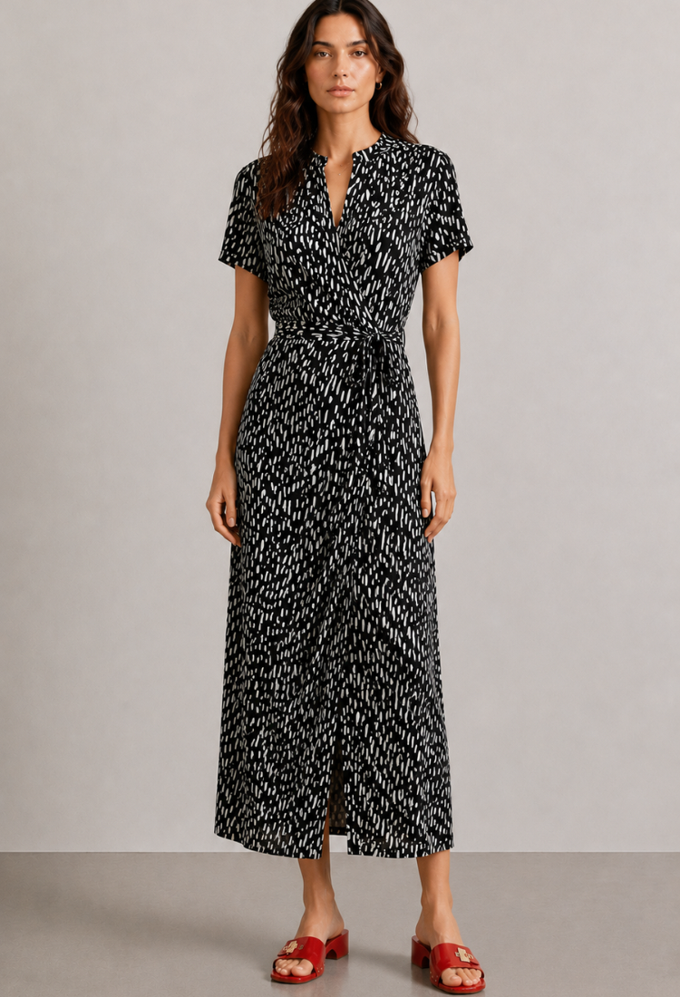 Rose black with white print wrap dress