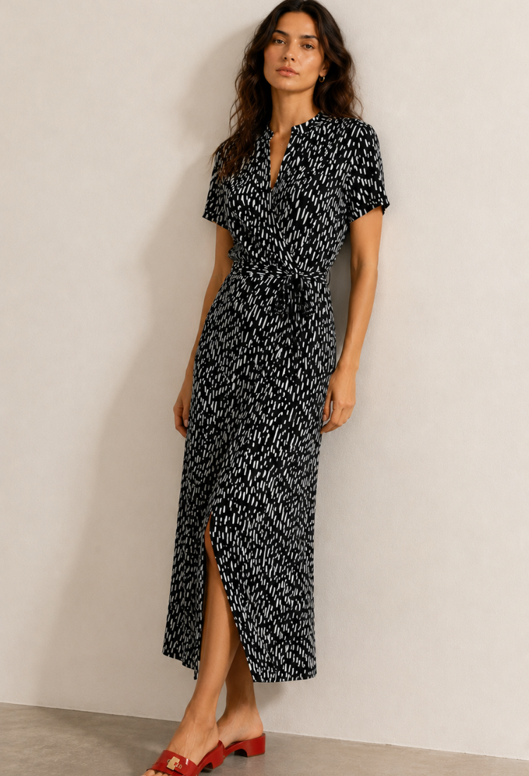 Rose black with white print wrap dress