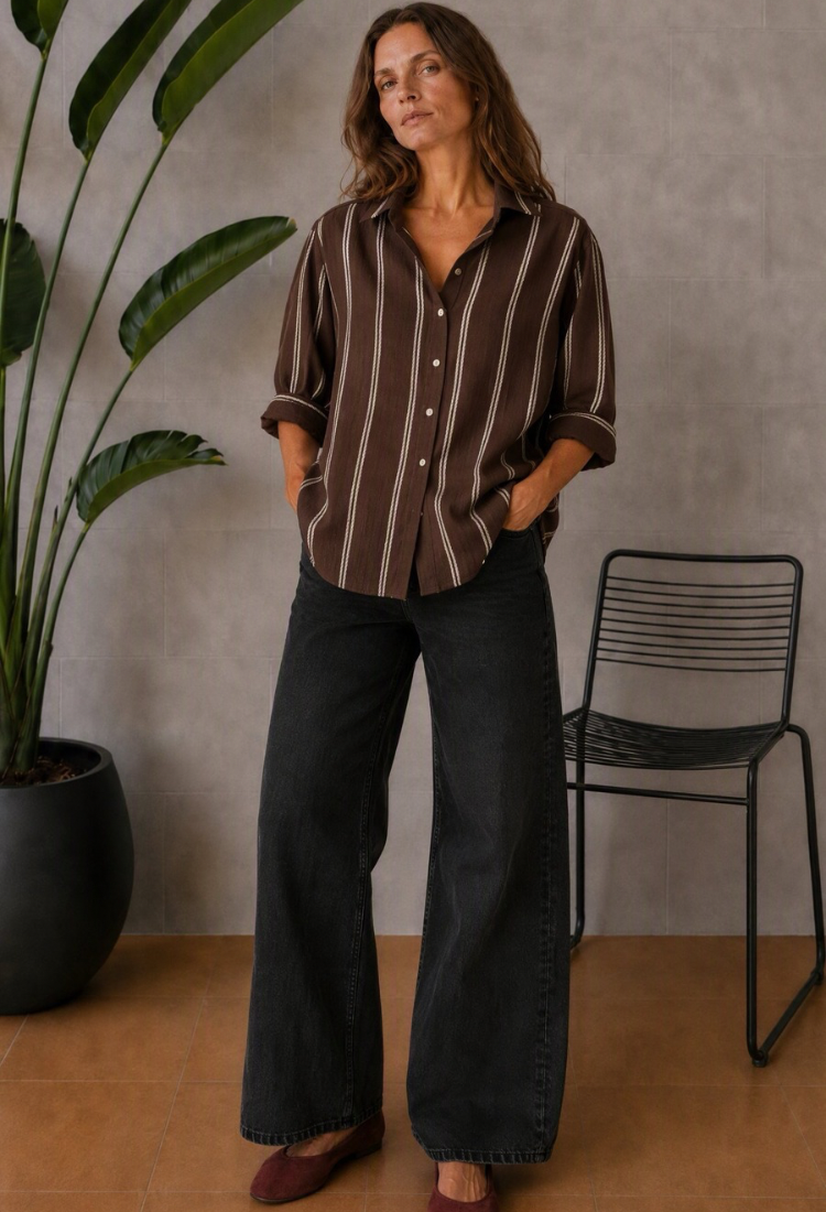 Neil brown voile cotton with white stripes down shirt