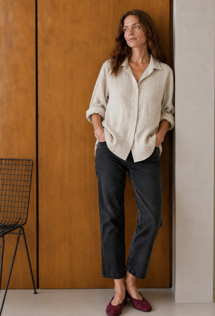 Neil beige butter checked linen with  cotton with white stripes down shirt