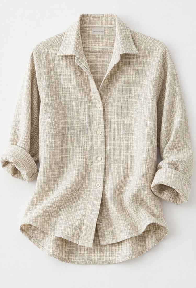 Neil beige butter checked linen with  cotton with white stripes down shirt