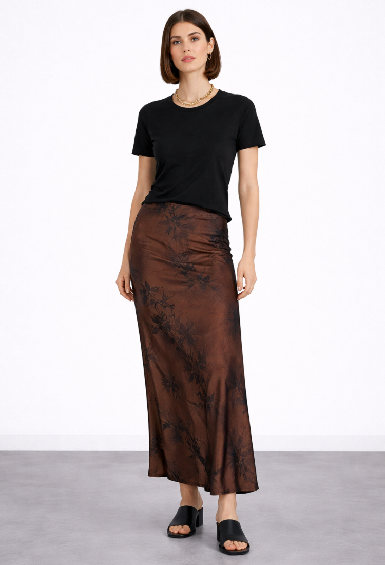 חצאית ג׳זמין חום שוקולד עם הדפס פרחוני