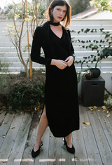 Didi black velvet long Sleeves V maxi dress