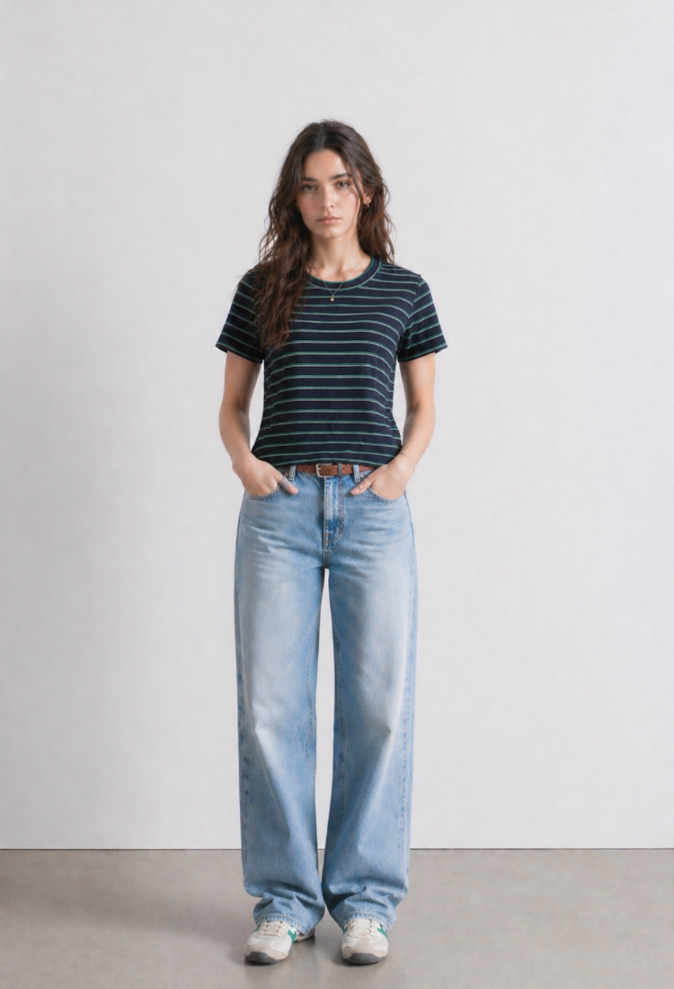 Lital blue green and white stripes crop shirt