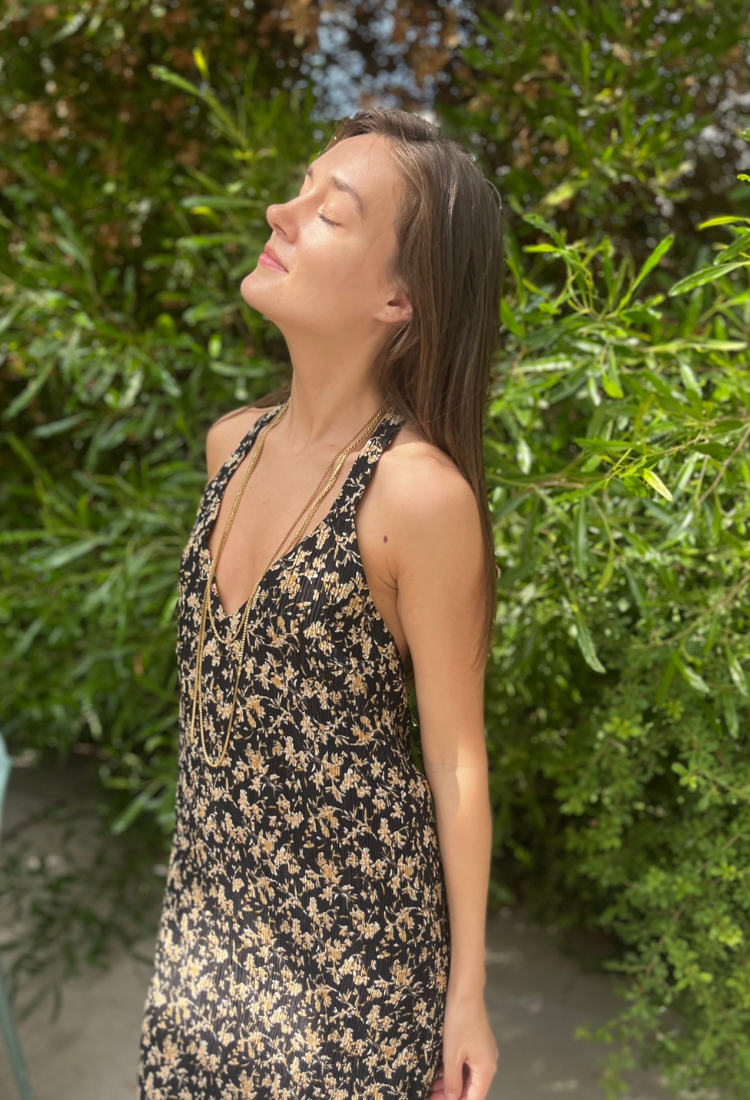 Lulu black with light yellow floral print maxi dress