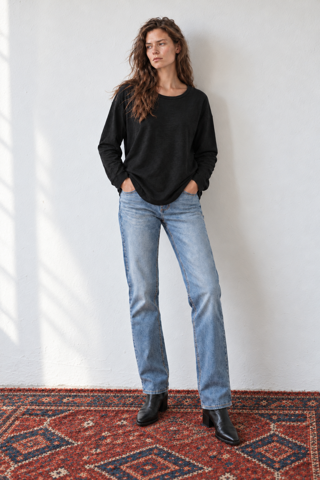 Ann black long-sleeve cotton shirt on model