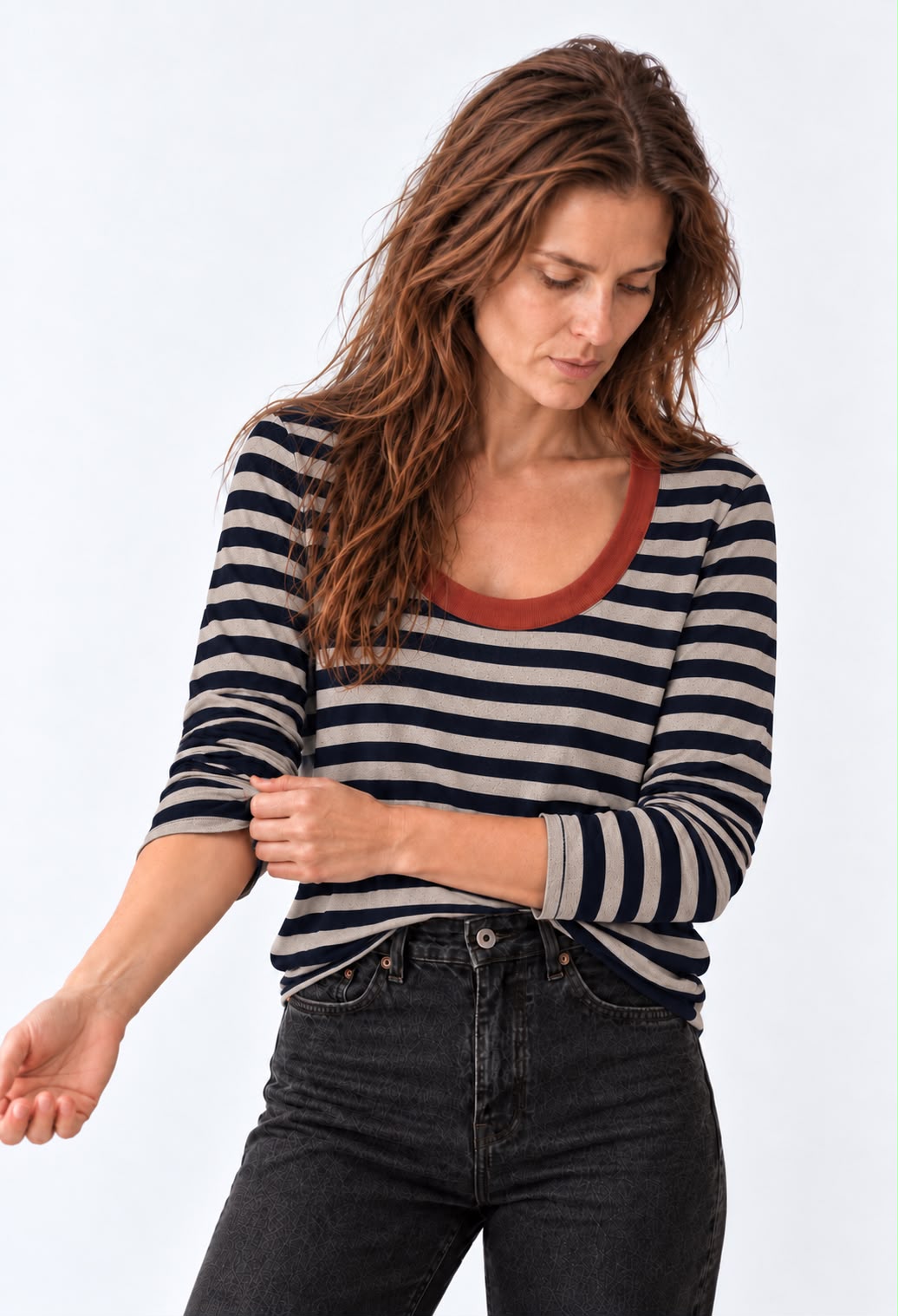 Ayelet stone and blue striped cotton shirt with brick neckline on model