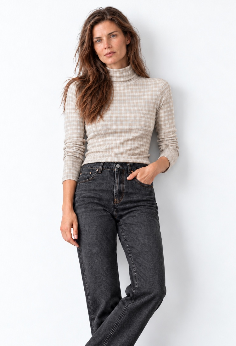 Model wearing the Gabi beige checked viscose turtleneck
