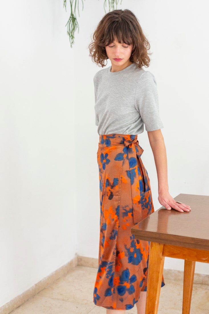 Lee brown and blue flower  print Wrap Skirt