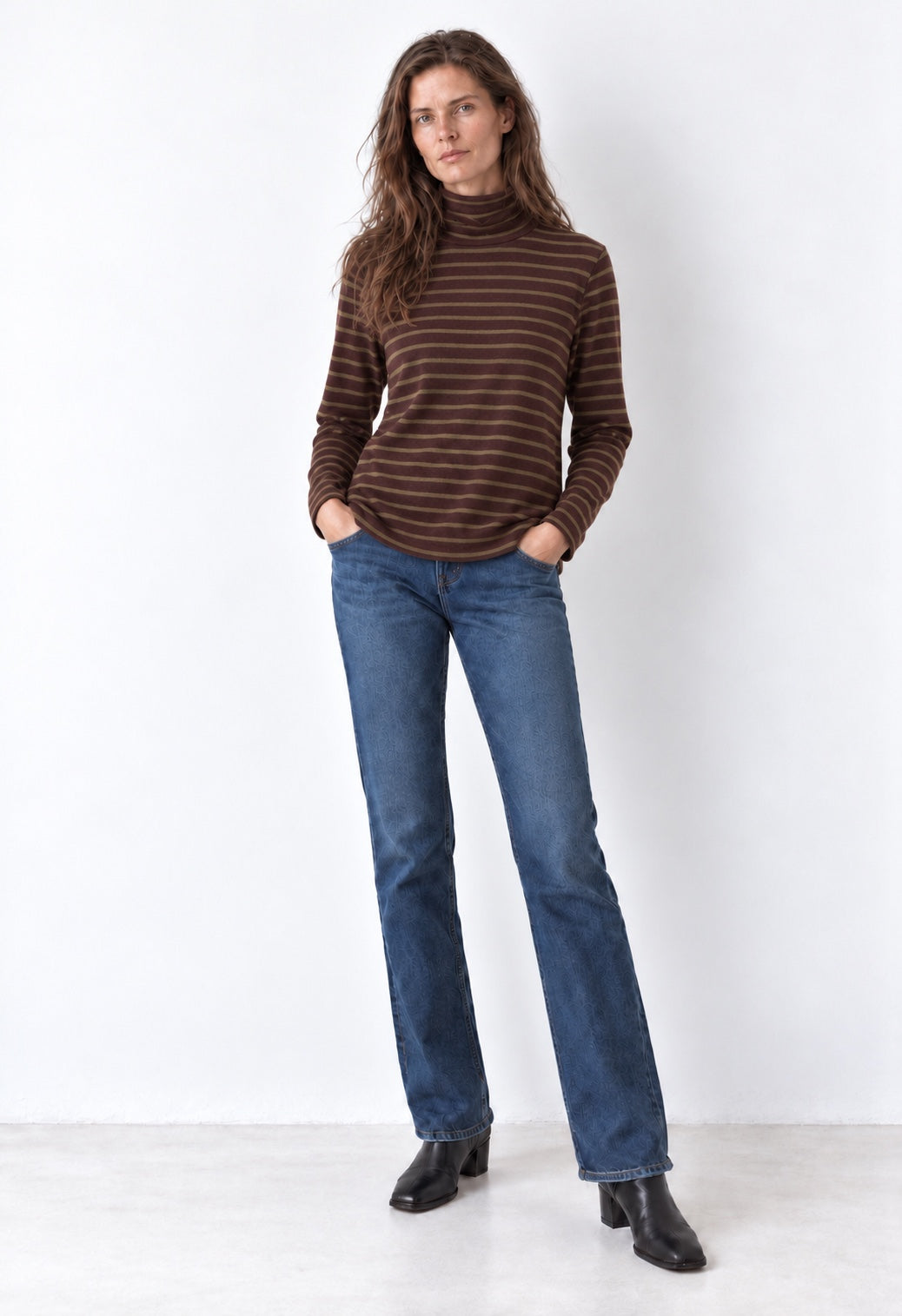 Lily brown striped cotton turtleneck on model