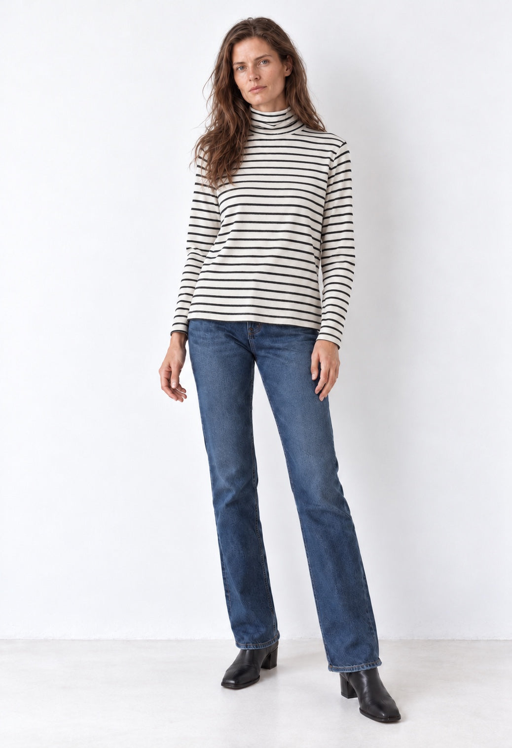 Lily light and black striped cotton turtleneck on model