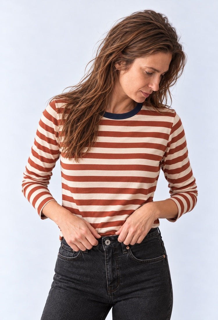 Lou brick and cream striped cotton shirt on model