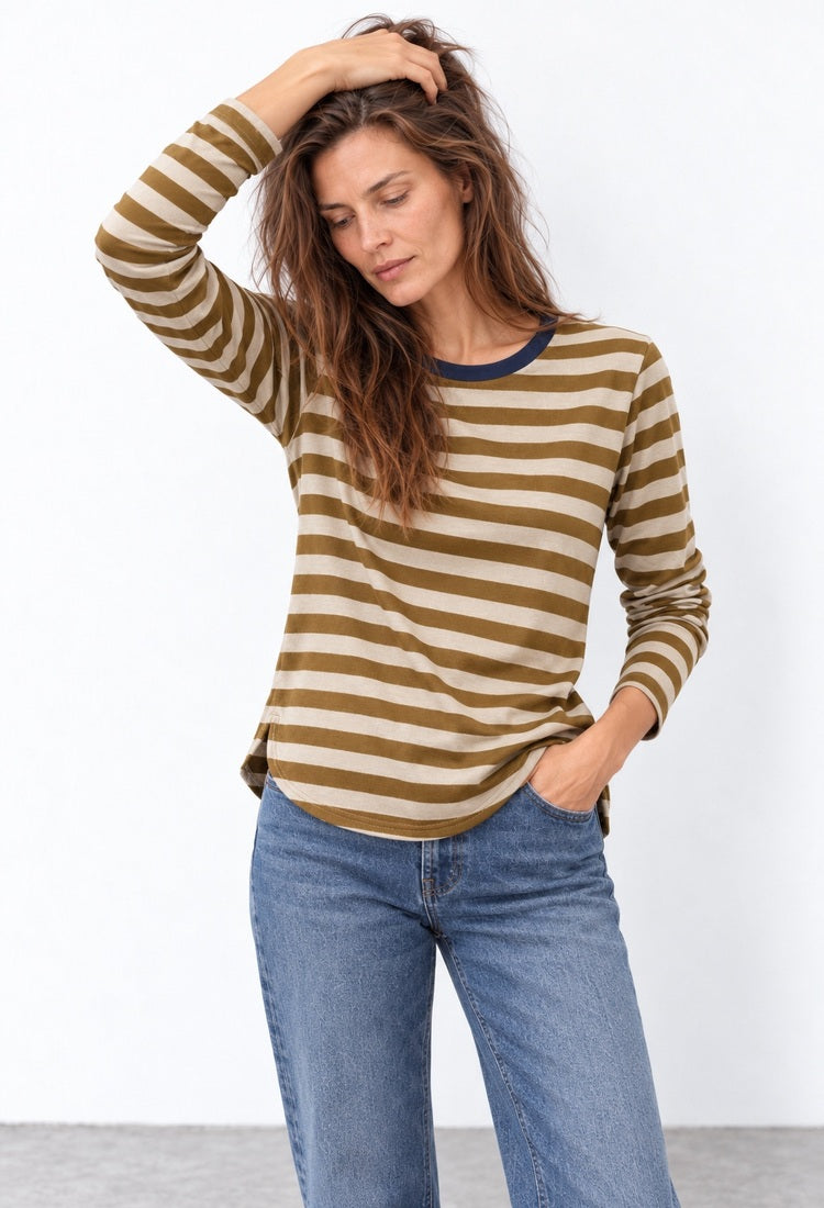 Lou olive and cream striped cotton shirt model-close
