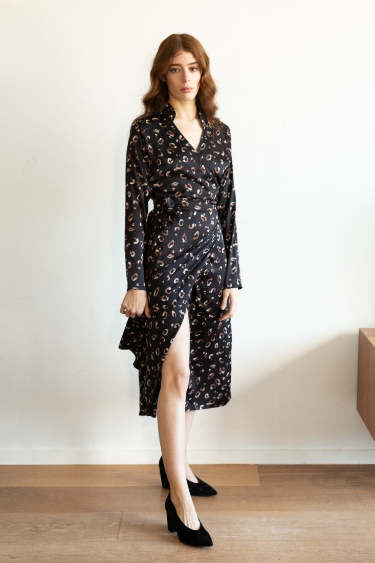Rose black leopard print  wrap dress