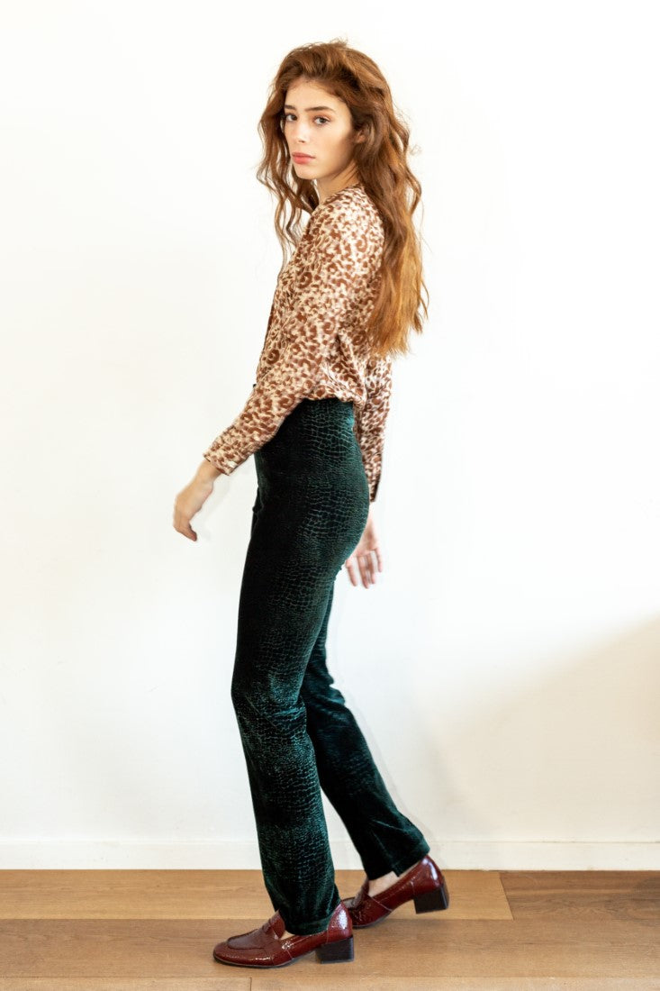 Ella dark green leopard velvet  print pants